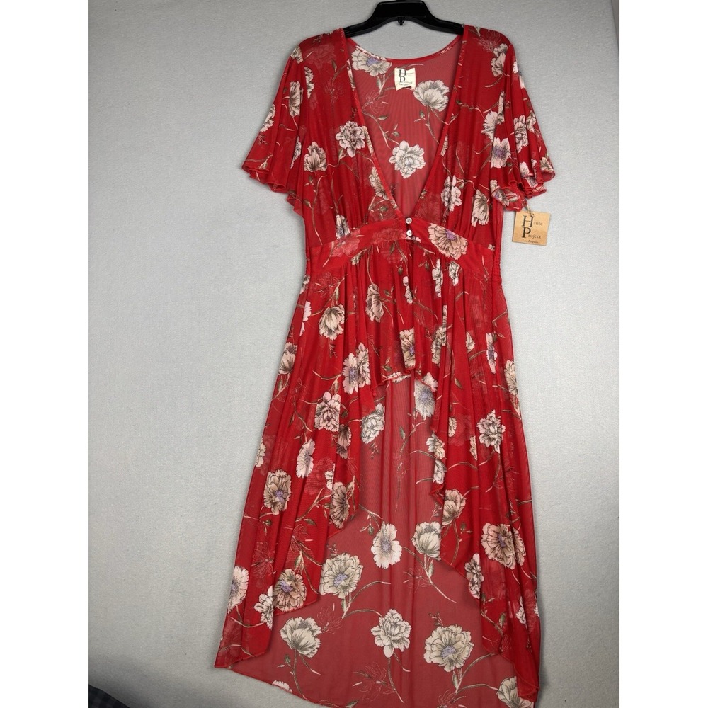 Haute Project Of Los Angeles Sheer Long Floral Cover Up Women's 1XL Red 4081